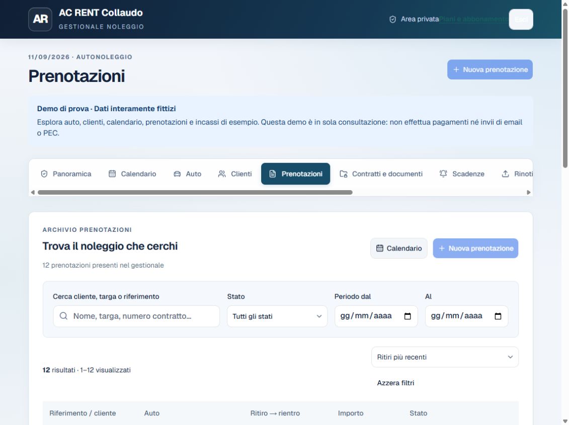 Elenco reale delle prenotazioni nella demo AC RENT